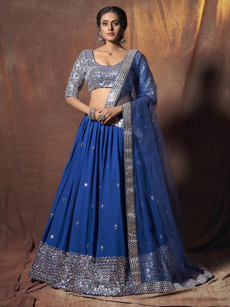 Women's  Blue Embroidered Georgette Lehenga - Myracouture