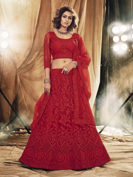 Women's  Red Heavy Embroidered Net Bridal Lehenga - Myracouture