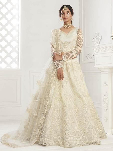 Women's  Off White Heavy Embroidered Net Bridal Lehenga Features - Myracouture