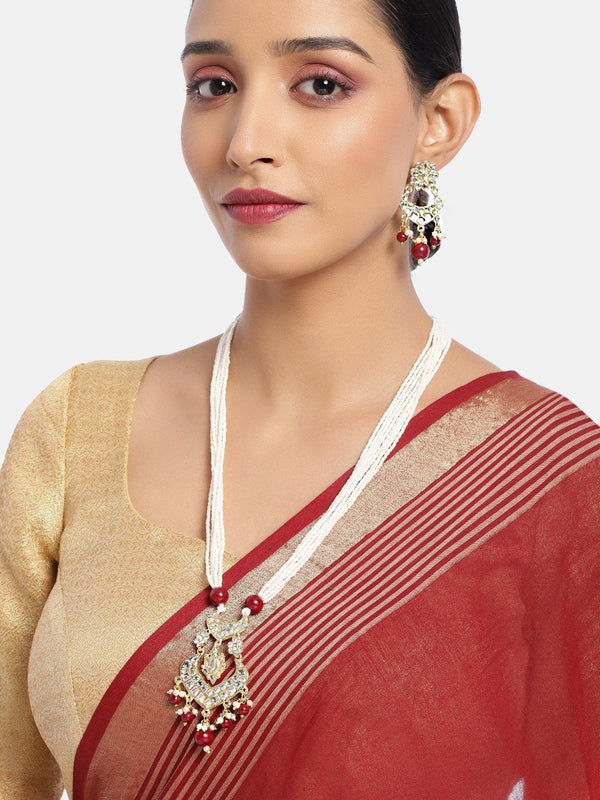 Women's Gold PlatedMaroon Ethnic Kundan Pearl Studded Long Necklace Set - i jewels