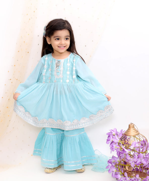 Cotton Embroidery Kurta & Sharara Set for Girls with Dupatta - Little Bansi Girls