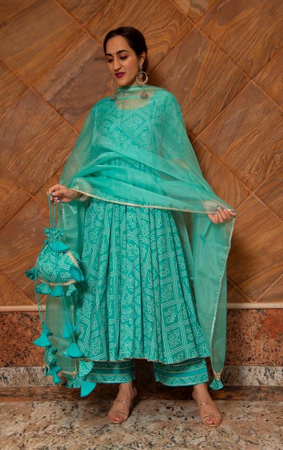 Women's Bandhej Tiffany Blue Cotton Anarkali Set - Pomcha Jaipur - Indiakreations