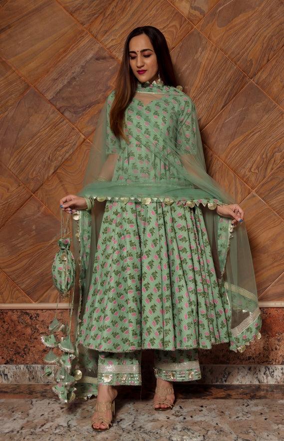 Women's Green Paisely Cotton Hand Block Anarkali Set - Pomcha Jaipur - Indiakreations