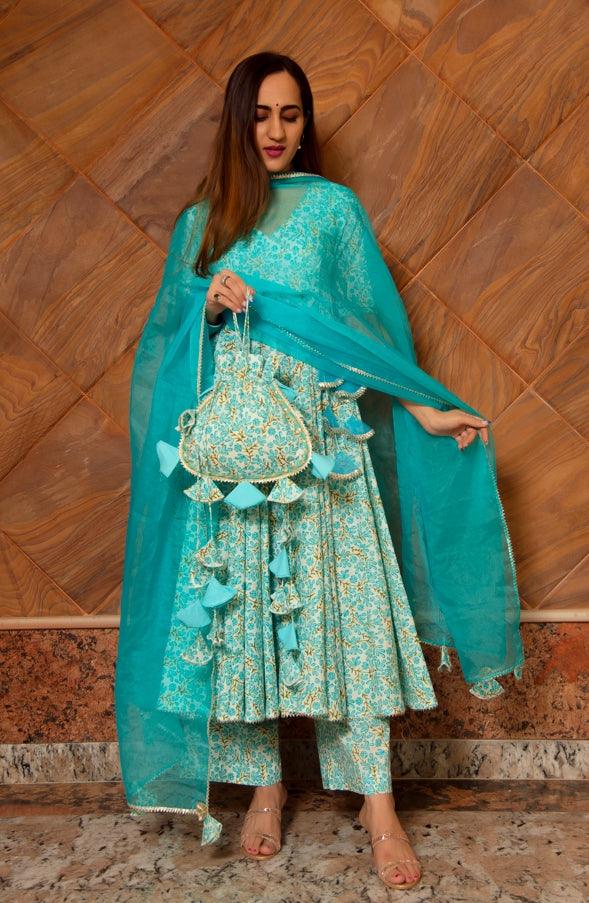 Women's Noor Blue Cotton Angrakha Set - Pomcha Jaipur - Indiakreations