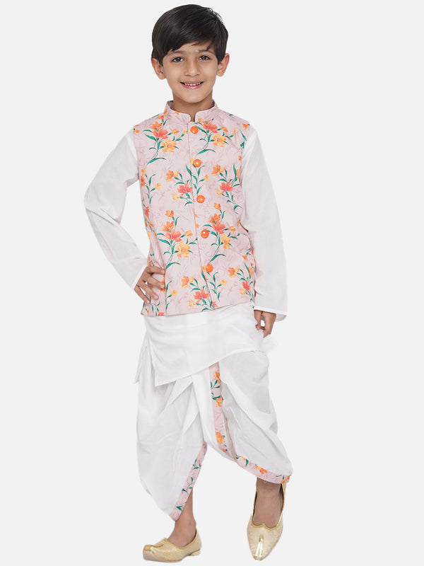 Cotton Floral Dhoti Kurta Set for Boys With Jacket - Little Bansi Boys