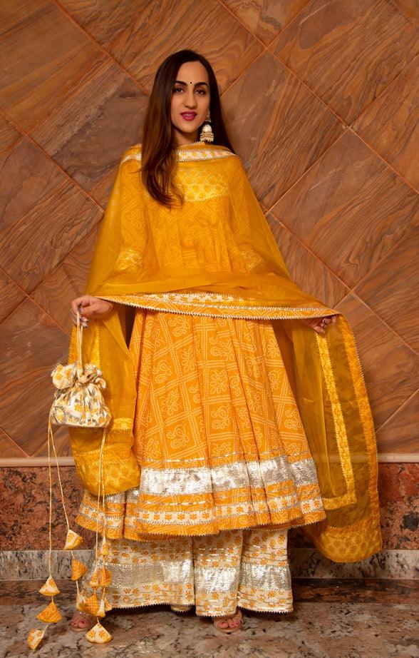 Women's Yellow Leaf Cotton Anarkali Plazo Set - Pomcha Jaipur - Indiakreations
