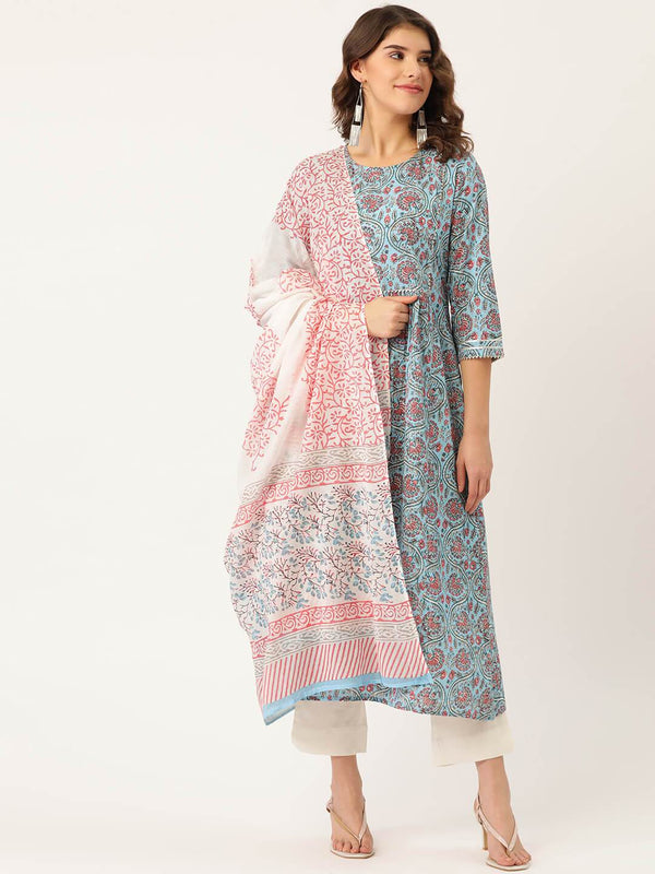 Women's Cotton Printed A-line Kurta Suit Set With Dupatta - Maaesa