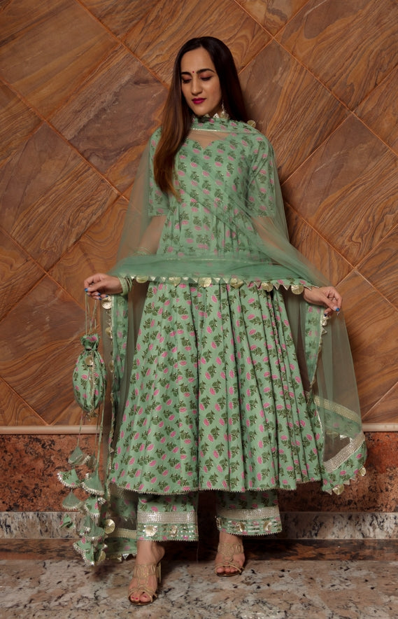 Women's Green Paisely Cotton Hand Block Anarkali Set - Pomcha Jaipur