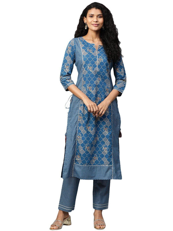 Women Navy Blue Printed Cotton Kurta & Pant Set by Myshka (2 Pc Set) - Indiakreations