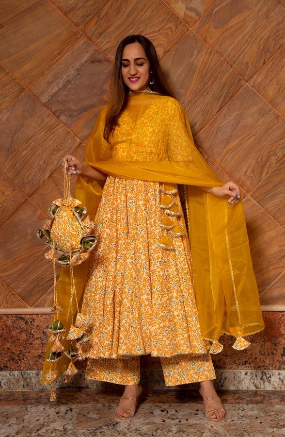 Women's Suraiya Leaf Cotton Angrakha Set - Pomcha Jaipur - Indiakreations