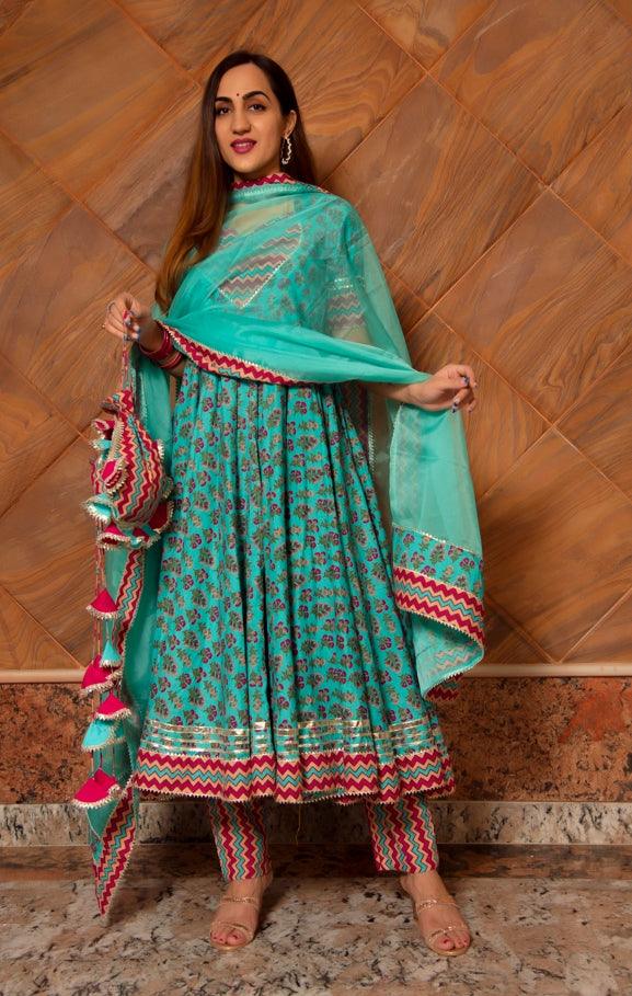 Women's Saanchi Cotton Anrakali Set - Pomcha Jaipur - Indiakreations