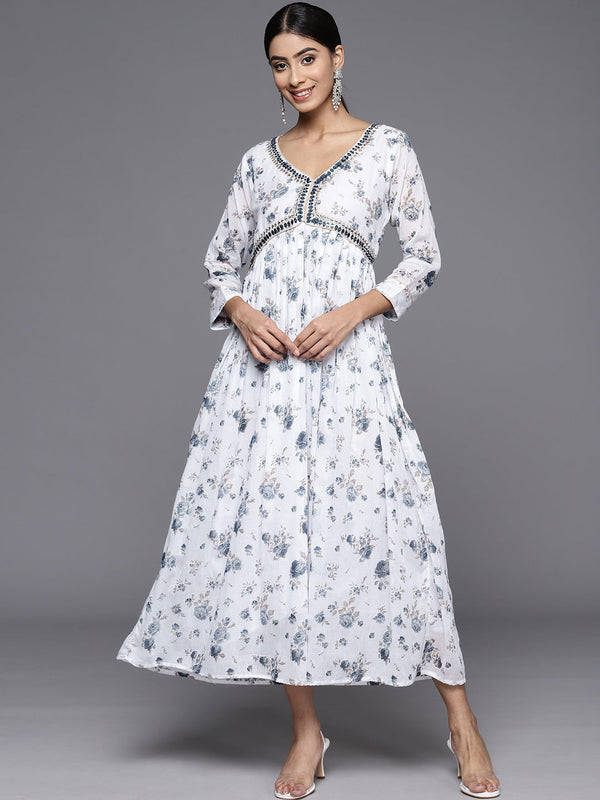 White Printed Cotton Fit and Flarev Dress