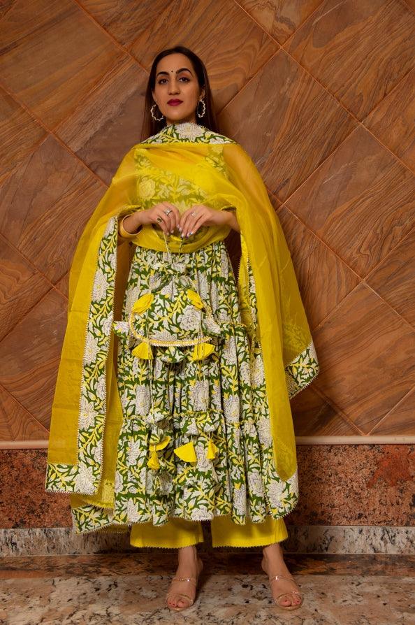 Women's Peela Phool Cotton Tiered Anrkali Set - Pomcha Jaipur - Indiakreations