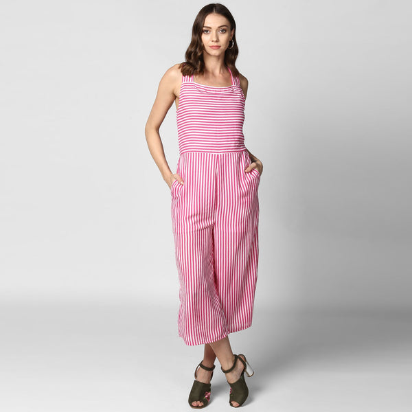 Women's Pink Stripe Jumpsuit with Cross Tie Up Back - StyleStone