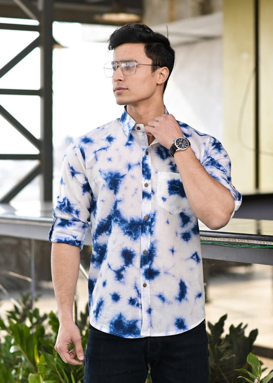 Men's Blue and White Tie Dye Cotton Shirt - Hatheli