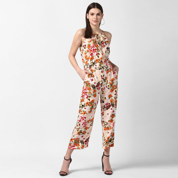 Women's Floral Printed Jumpsuit with Gold Lace Neckstrap - StyleStone