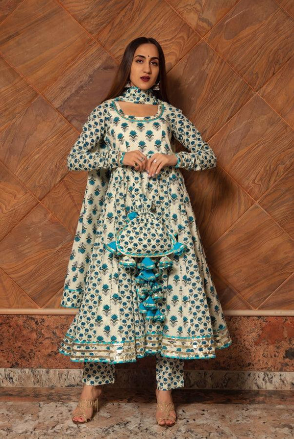Women's Paisely Cotton Kalidaar Anarkali Set - Pomcha Jaipur - Indiakreations