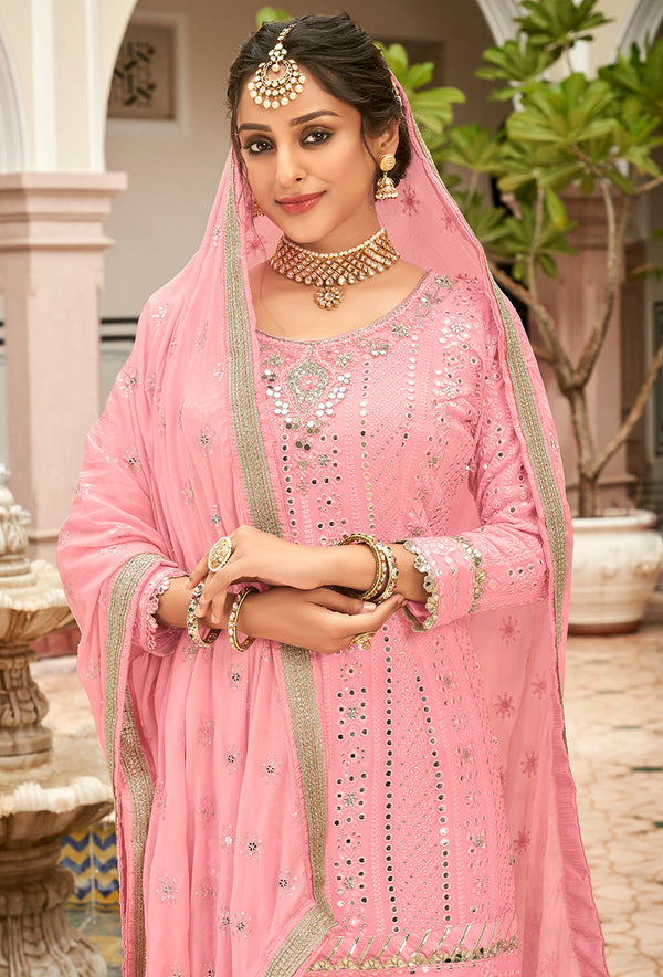 Women's Light Pink Color Georgette Embroidered Party Salwar Suit - Monjolika