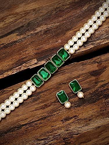 Women's Gold Plated Green Crystal Stone Pearl Studded Choker Necklace Set - i jewels