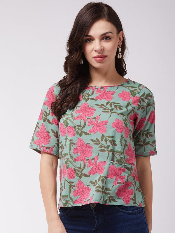 Women's Green Pink Floral Top - InWeave