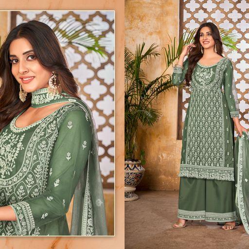 Green Color Festive Wear Palazzo Salwar Suit - Indiakreations