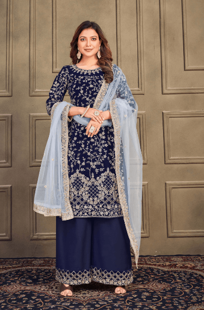 Navy Blue Velvet Designer Embroidered Trendy Salwar Suit Set - Indiakreations