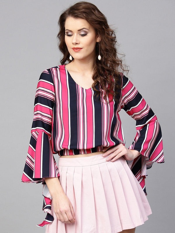 Women's Printed Stripes Bell Sleeves Top - Pannkh
