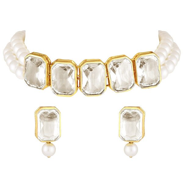 Women's Gold Plated White Crystal Stone Pearl Studded Choker Necklace Jewellery Set - i jewels