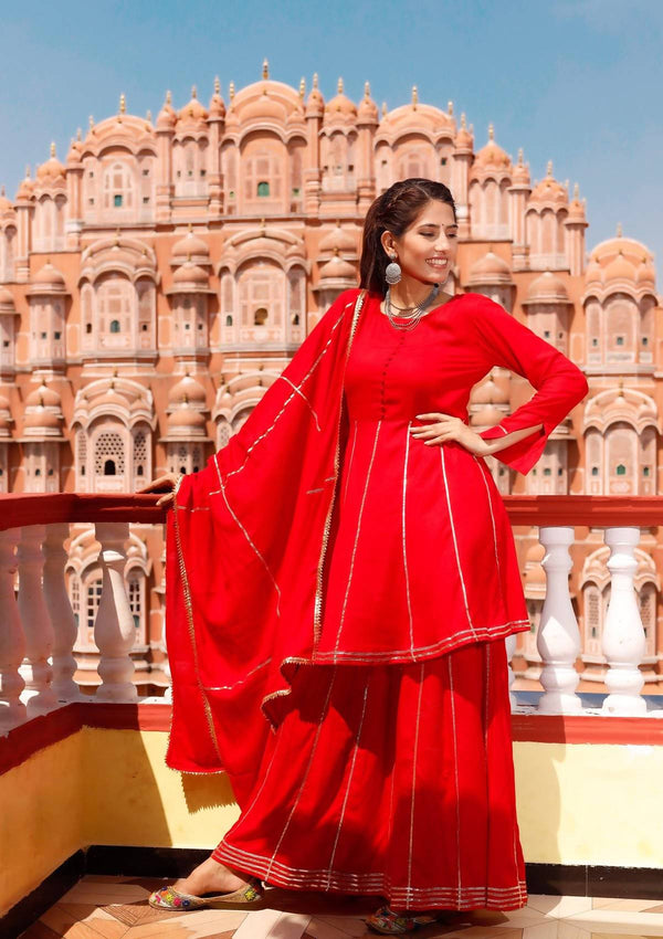 Women's Red 100% Cotton Kurta Sharara Dupatta set - Cheera