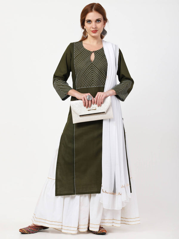 Women's Olive Green & White Viscose Rayon Kurta with Skirt & Embroidered Dupatta Set - Cheera