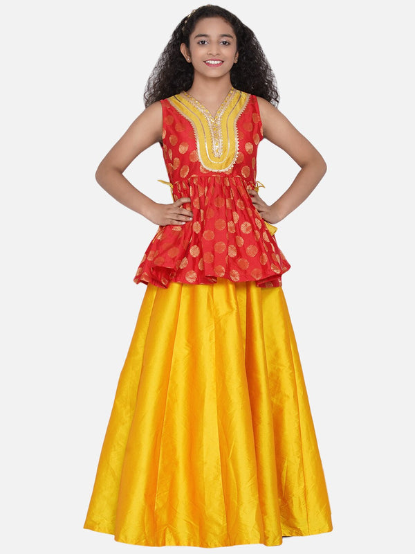 Girl's Red & Mustard Yellow Woven Design Gota Patti Ready to Wear Lehenga - NOZ2TOZ KIDS