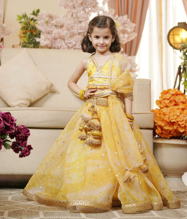 Girl's Yellow Printed Organza Lehenga Choli And Dupatta - Fayon Kids
