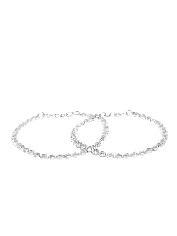 Women's Oxidised Silver Circular Pattern Handcrafted Anklets Set Of 2 - Priyaasi