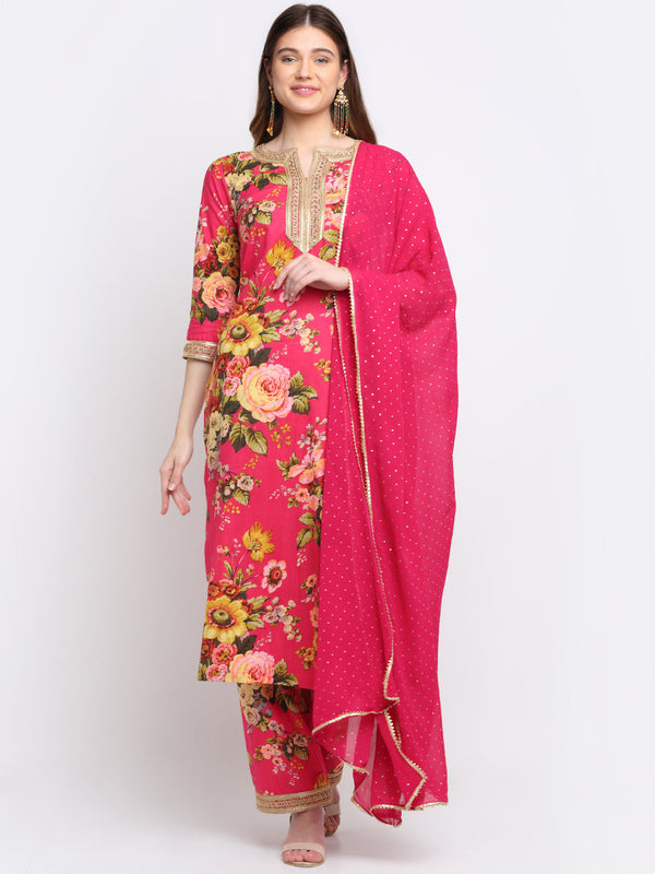 Women's Pink Floral Kurti With Straight Palazzo And Foil Dupatta - Anokherang