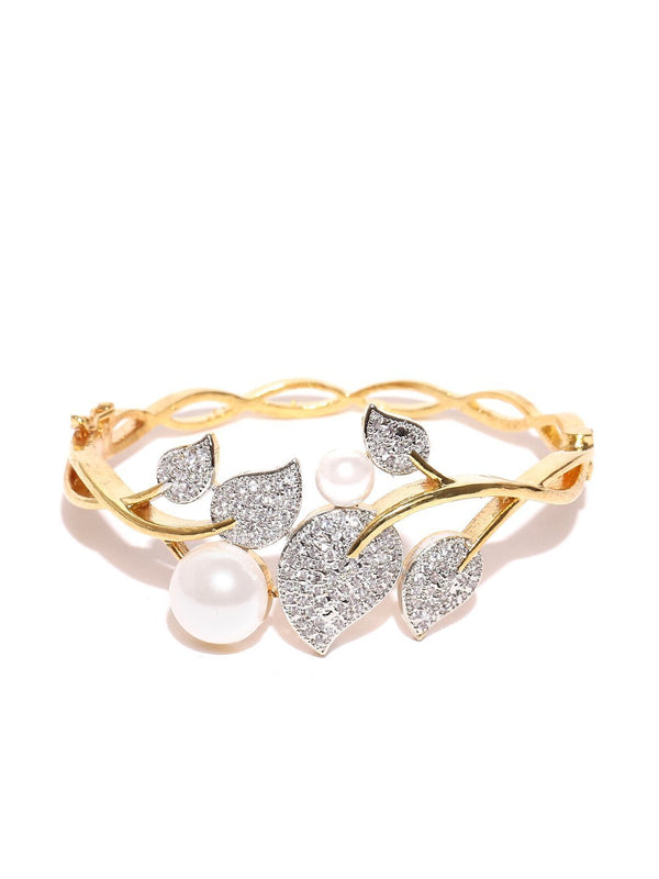 Women's Gold-Plated American Diamond and Pearls Studded Bracelet in Floral Pattern - Priyaasi