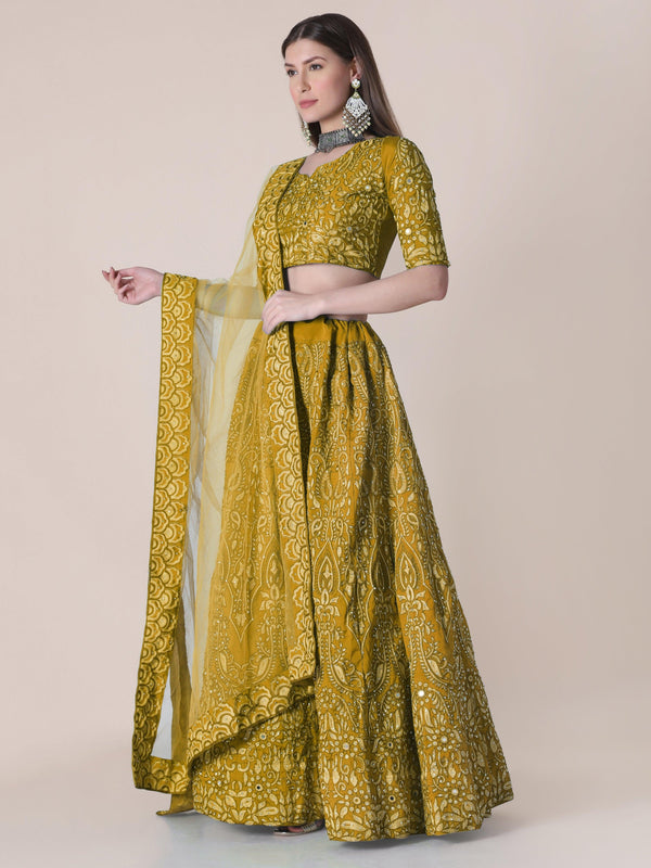 Yellow Taffeta Silk Lehenga Choli with Floral Embroidery - Indiakreations