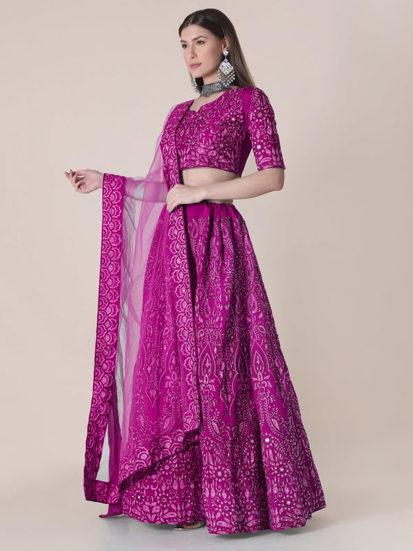 Purple Taffeta Silk Lehenga Choli with Floral Embroidery - Indiakreations