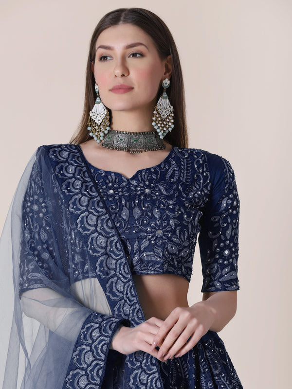 Blue Taffeta Silk Lehenga Choli with Floral Embroidery - Indiakreations
