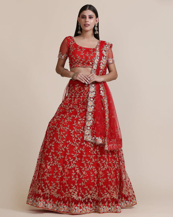 Red Net Lehenga Choli with Heavy Gold Embroidery - Indiakreations