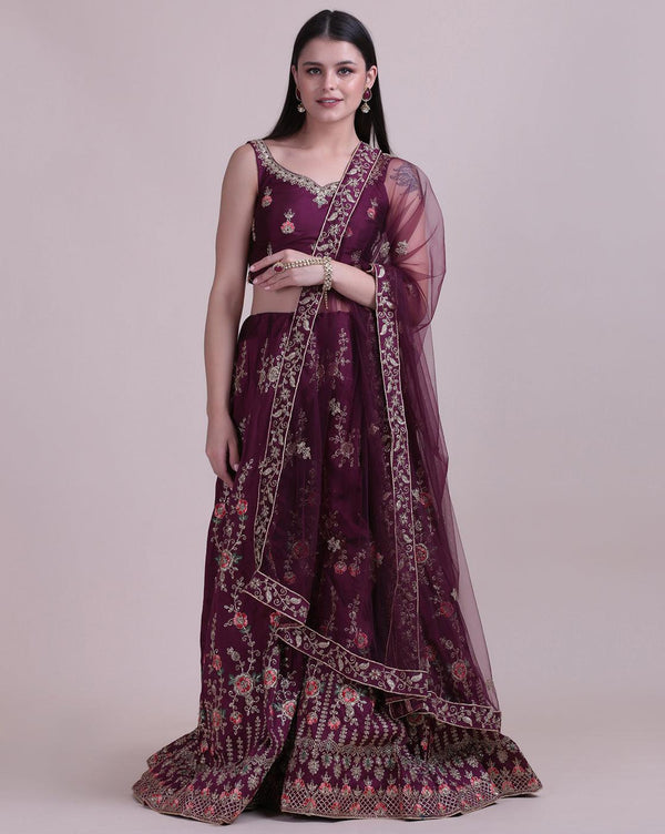 Purple Jacquard Silk Lehenga Choli with Emboidery - Indiakreations