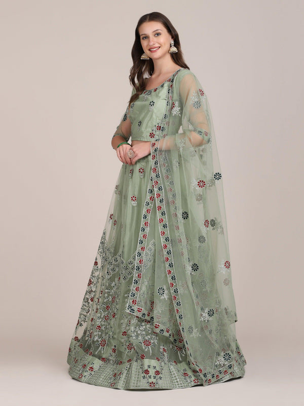 Pista Net Lehenga Choli with Floral Embroidery - Indiakreations