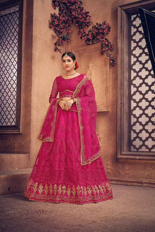 Pink Heavy Net Lehenga Choli with Gold Embroidery - Indiakreations