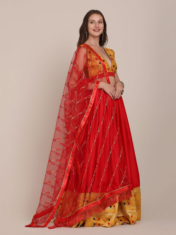 Red and Yellow Satin Silk Lehenga Choli - Indiakreations