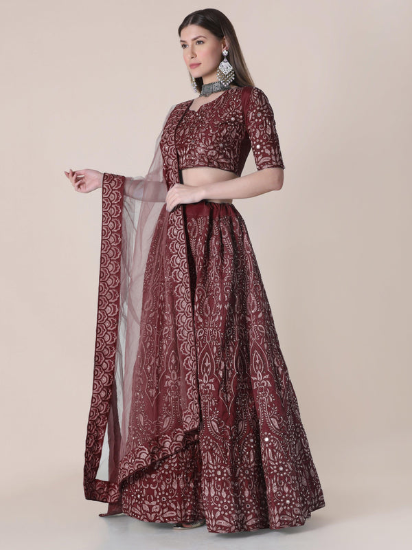 Maroon Taffeta Silk Lehenga Choli with Floral Embroidery - Indiakreations