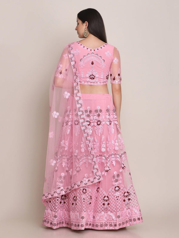 Light Pink Net Lehenga Choli with Floral Embroidery - Indiakreations