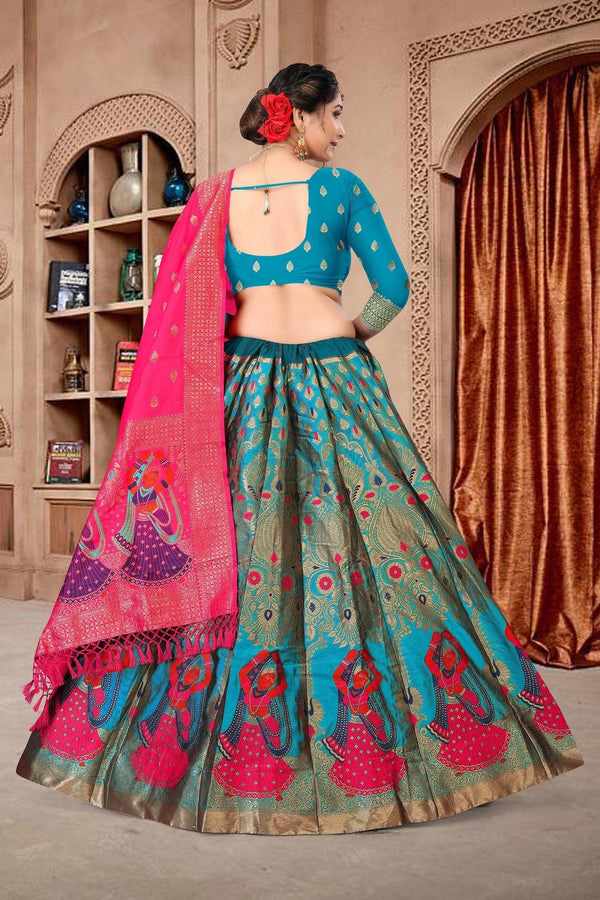 Sky Blue Jacquard Silk Lehenga Choli with Emboidery - Indiakreations