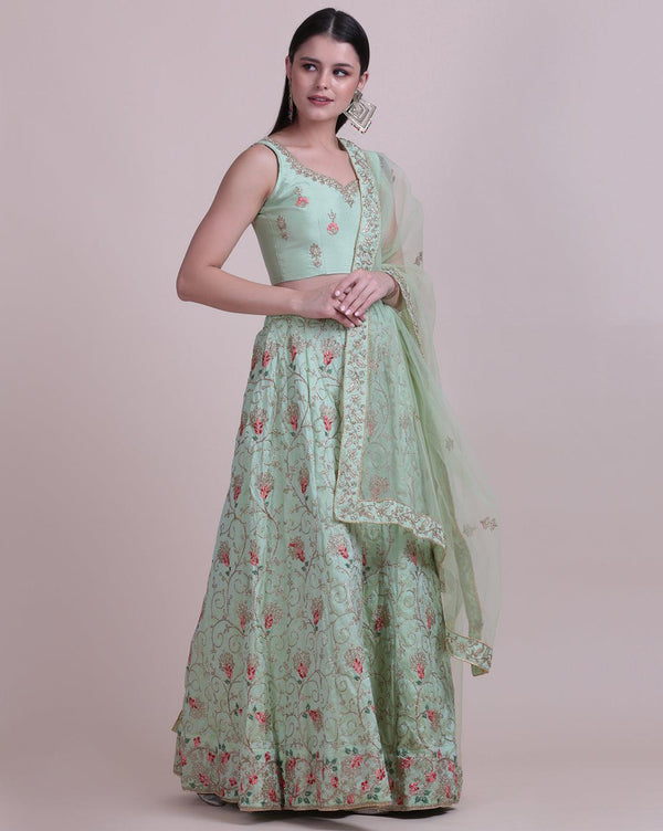 Light Green Taffeta Silk Lehenga Choli with Floral Embroidery - Indiakreations