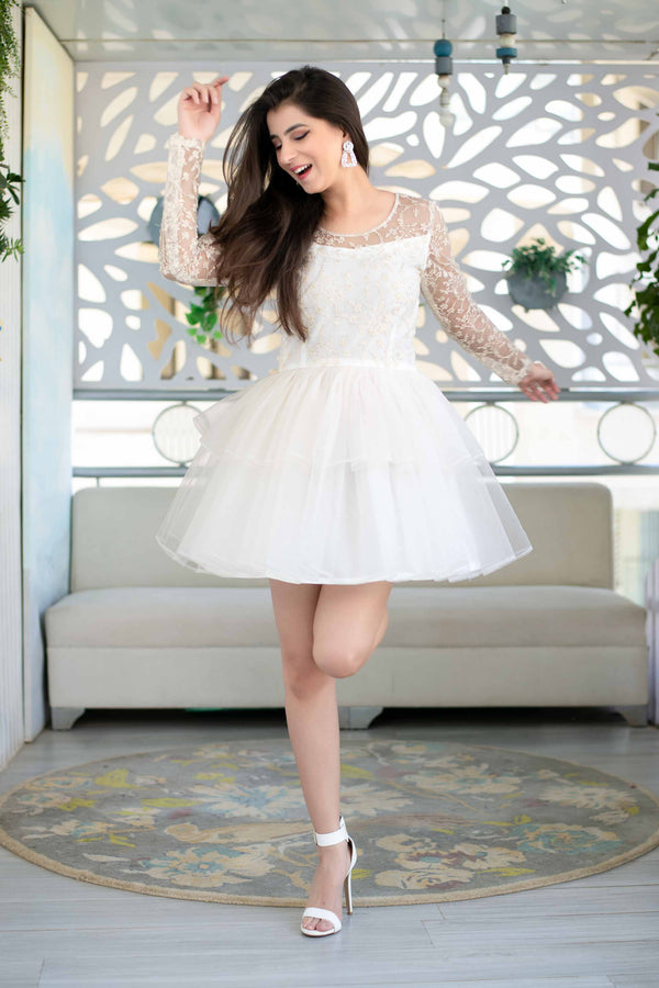 Women's Off White Ruffle Fit And Flare Short Dress (1pc) - Label Shaurya Sanadhya