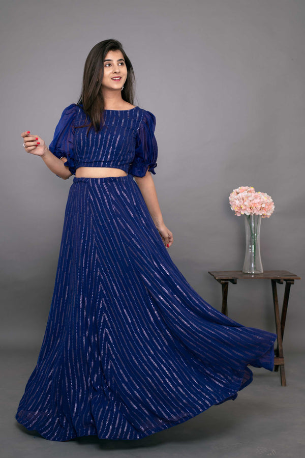 Women's Ink Blue Ruffle Crop Top With Skirt (2pc Set) - Label Shaurya Sanadhya