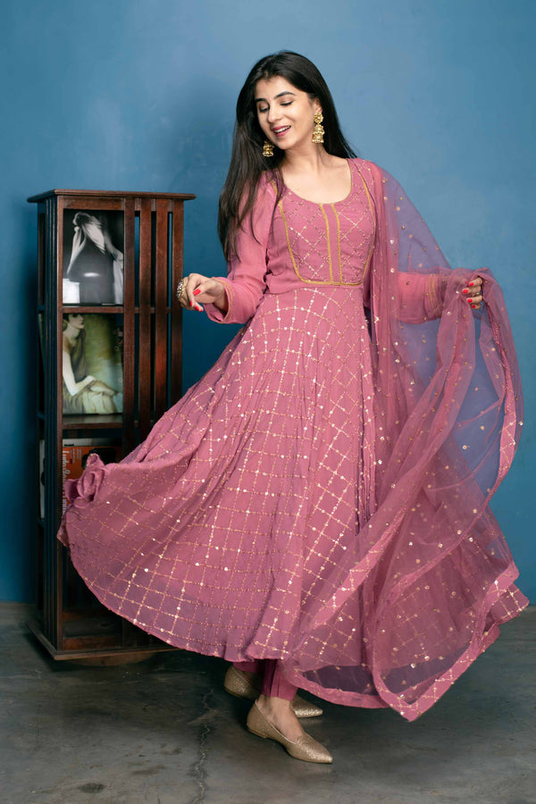 Women's Dusty Pink Thread And Sequin Work Anarkali Set (3pc Set) - Label Shaurya Sanadhya